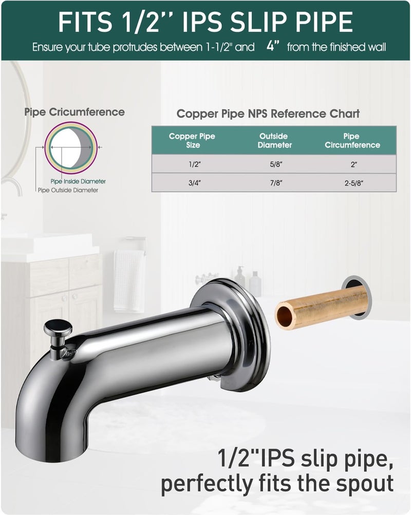 LOCALAND Slip-On Extra Long Tub Spout with Diverter, 1/2 Inch Slip Fit Connection,Chrome Plated - Image 2