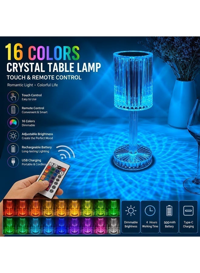 مصباح طاولة كريستالي قابل لإعادة الشحن بـ 16 لونًا RGB - إضاءة رومانسية تعمل بجهاز تحكم عن بعد ولمس - Image 2