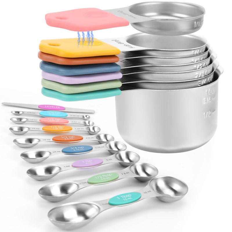 HOUJIP Magnetic Measuring Cups and Spoons Set-Heavy Duty 304 Stainless Steelï¼ŒDouble Measurement Markingsï¼ŒSet of 16 with Leveler for Measure Dry and Liquid Ingredients - Image 1