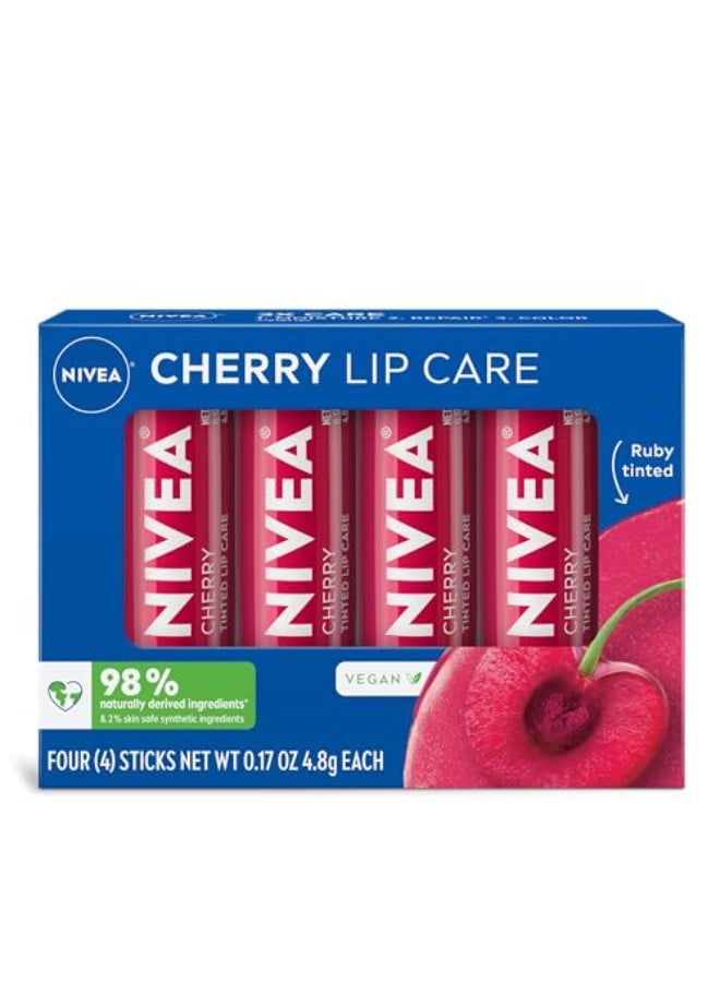NIVEA Cherry Lip Care Ruby Tinted Lip Balm Pack with Shea Butter Nourishing Oils and Vitamin C E 3in1 Moisture Repair and Color 017 Oz Stick Pack of 4 - Image 1