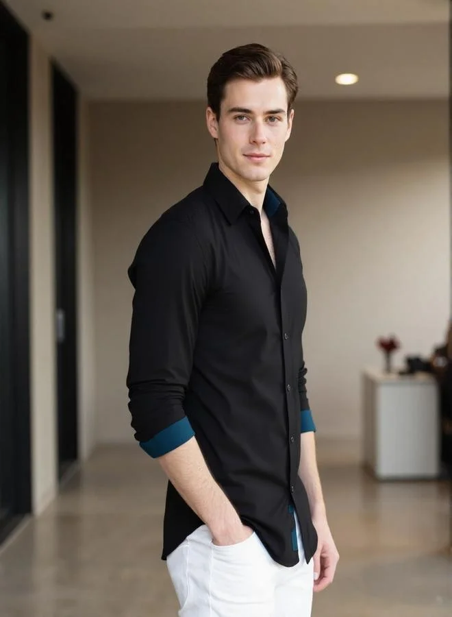 دينيس لينغو قميص رجالي أسود قطن سادة بأزرار مقاس عادي