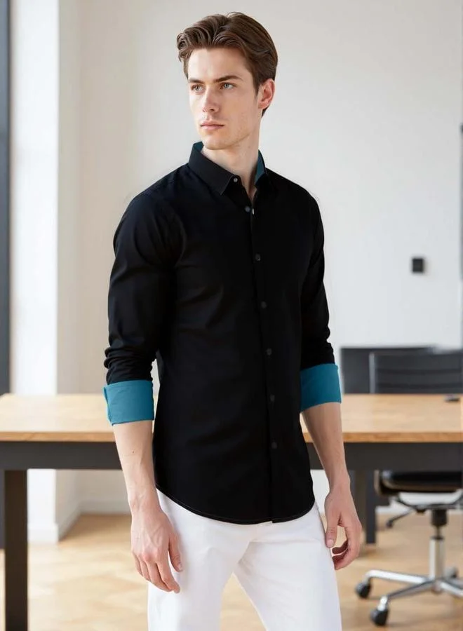 دينيس لينغو قميص رجالي أسود قطن سادة بأزرار مقاس عادي