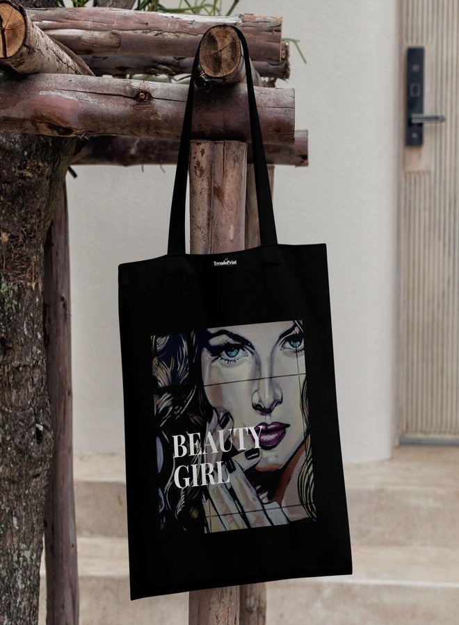 TrendoPrint Canvas Black Tote Bags for Women with Front Pocket And Zip 15Kgs Capacity, College Bag for Girls, 100% Organic Cotton Tote Bag for Shopping, Travel &Beach BTP-01 - Image 4