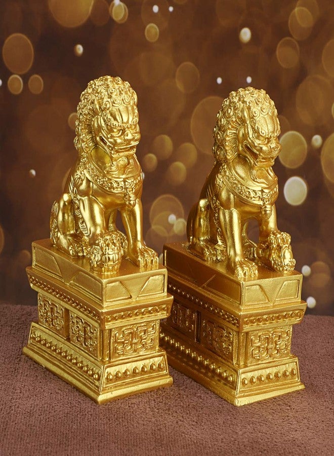 MDLUU Guardian Lion Statues, Pair of Fu Foo Dogs, Feng Shui Lion Sculptures for Cash Register, Office Desk, House Warming, Store Opening Gift, Gold - Image 2