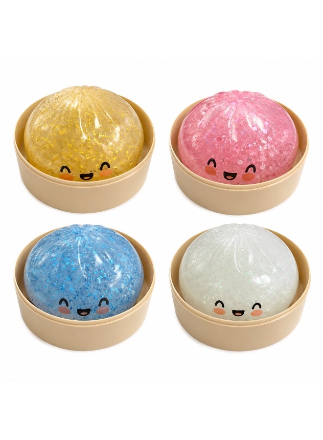 4 Pack Cute Bun Squishy Toy, Slow Rising Soft PU Sensory Fidget Toy, Glitter Squeeze Stress Relief Toy for Kids, Kawaii Squishy Gift for Birthday Party, Fun Relaxing Toy - Image 1