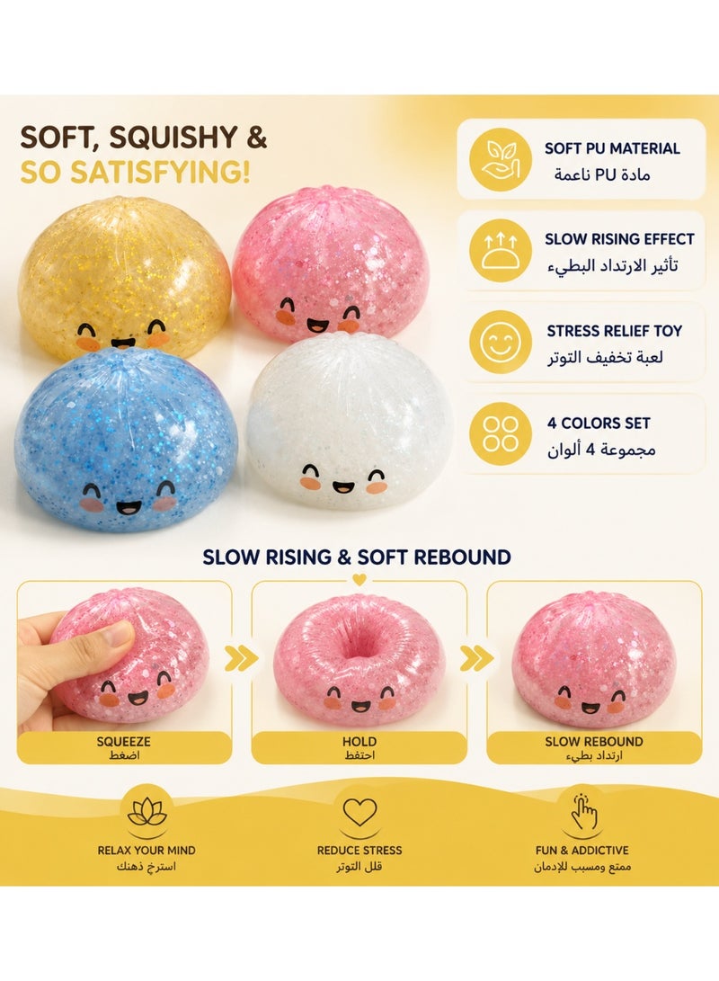 4 Pack Cute Bun Squishy Toy, Slow Rising Soft PU Sensory Fidget Toy, Glitter Squeeze Stress Relief Toy for Kids, Kawaii Squishy Gift for Birthday Party, Fun Relaxing Toy - Image 3