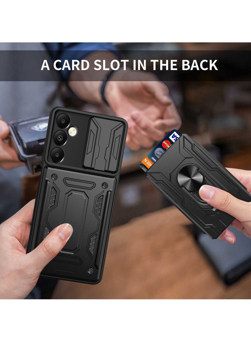 مناسبة لأنّ سامسونج جالاكسي A26 5G الهاتف المحمول القضية ، حامل البطاقة ، انزلاق الكاميرا عدسة غطاء ، خاتم المغناطيسي قوس حماية الهاتف المحمول القضية ، تنطبق على سامسونج جالاكسي A26 5G ، أسود - Image 2