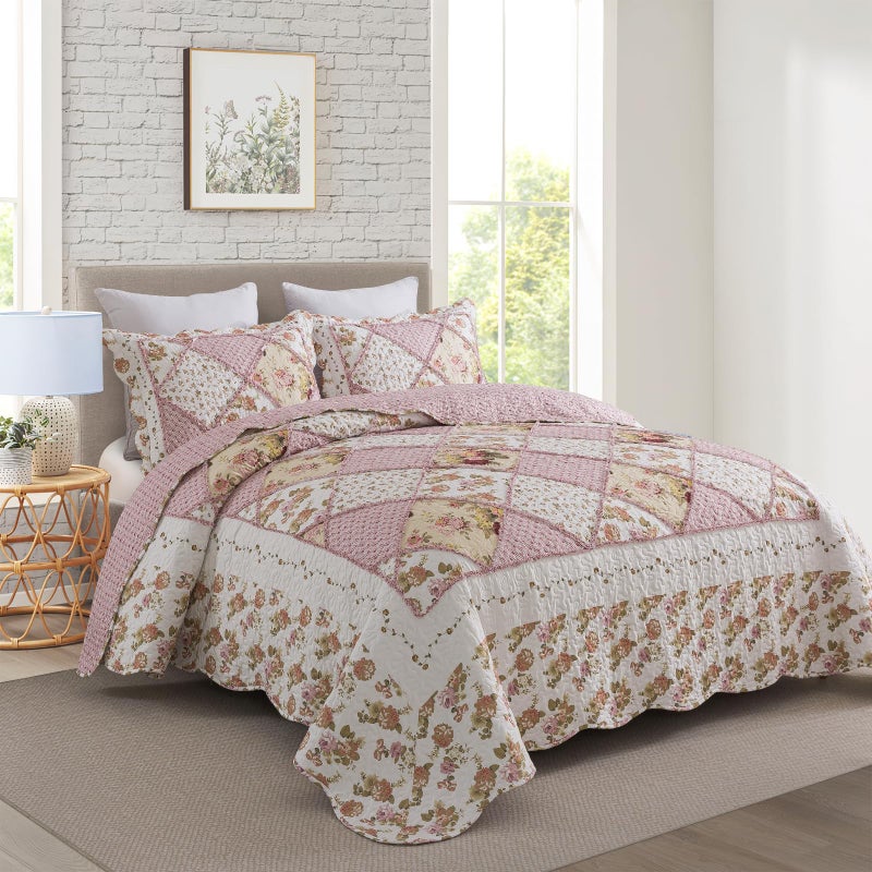 Travan 3-Piece Quilt Set Quilted Bedspread Lightweight Coverlet Set Garden Style Floral Printed Oversized Quilted Bedding Set with Shams for All Season, Exquisite, Queen Size - Image 2