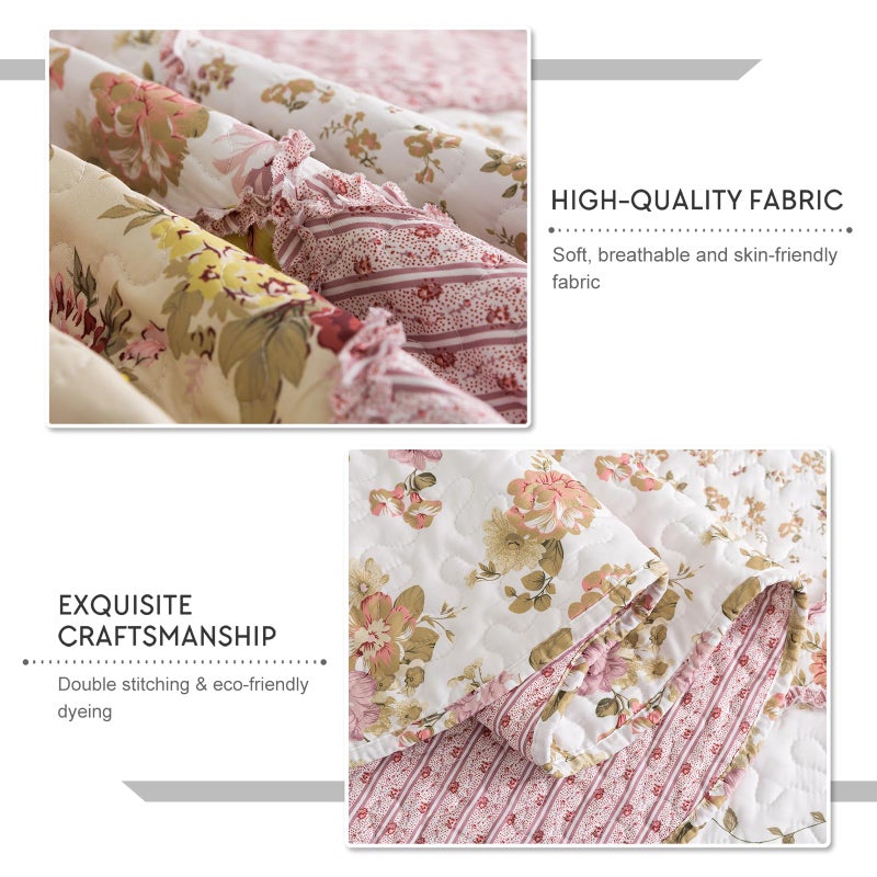 Travan 3-Piece Quilt Set Quilted Bedspread Lightweight Coverlet Set Garden Style Floral Printed Oversized Quilted Bedding Set with Shams for All Season, Exquisite, Queen Size - Image 4