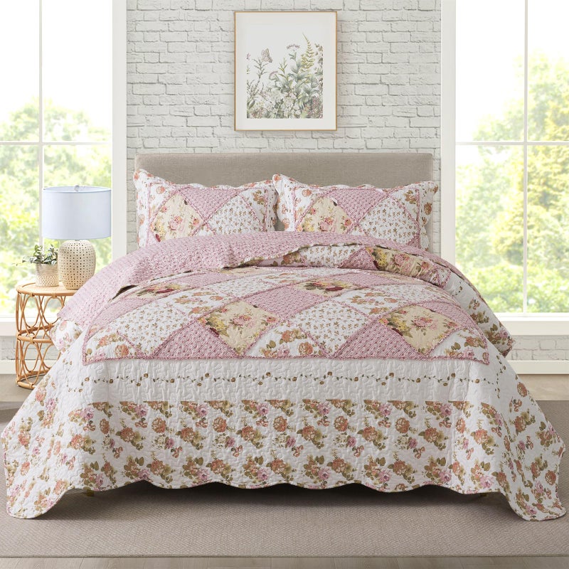 Travan 3-Piece Quilt Set Quilted Bedspread Lightweight Coverlet Set Garden Style Floral Printed Oversized Quilted Bedding Set with Shams for All Season, Exquisite, Queen Size - Image 1