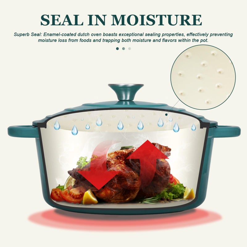 Overmont وعاء داتش أوفن من أوفermont مصنوع من الحديد الزهر المينا - وعاء سعة 4.5QT مع غطاء وكتاب طبخ وقفازات قطنية - أدوات طهي ثقيلة لتحضير الأطعمة المطبوخة ببطء، اليخنات، الشواء، وخبز الخبز باللون الأخضر الزجاجي - Image 2