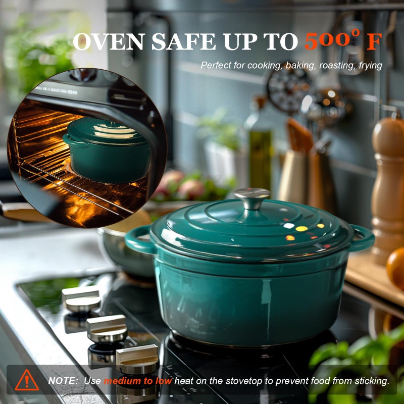 Overmont وعاء داتش أوفن من أوفermont مصنوع من الحديد الزهر المينا - وعاء سعة 4.5QT مع غطاء وكتاب طبخ وقفازات قطنية - أدوات طهي ثقيلة لتحضير الأطعمة المطبوخة ببطء، اليخنات، الشواء، وخبز الخبز باللون الأخضر الزجاجي - Image 5