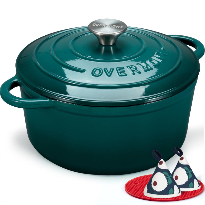 Overmont وعاء داتش أوفن من أوفermont مصنوع من الحديد الزهر المينا - وعاء سعة 4.5QT مع غطاء وكتاب طبخ وقفازات قطنية - أدوات طهي ثقيلة لتحضير الأطعمة المطبوخة ببطء، اليخنات، الشواء، وخبز الخبز باللون الأخضر الزجاجي - Image 1