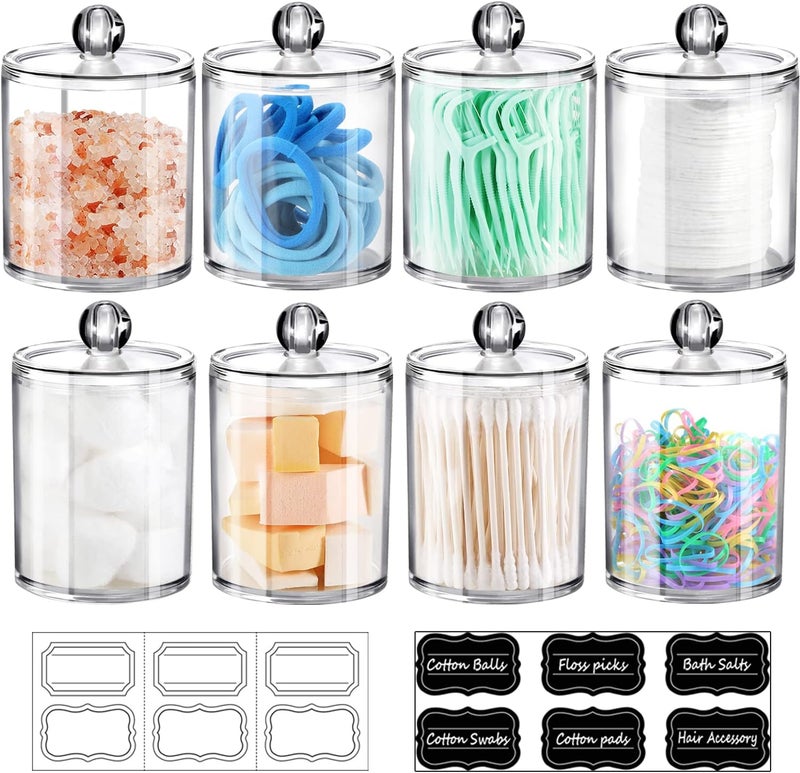 SheeChung 8 Pack Qtip Dispenser Apothecary Jars Bathroom Set with Labels Clear Plastic Qtip Holder Storage Set for Cotton Ball/Swab/Rounds,Floss Picks, Hair Clips，Hair Ties(Clear) - Image 1