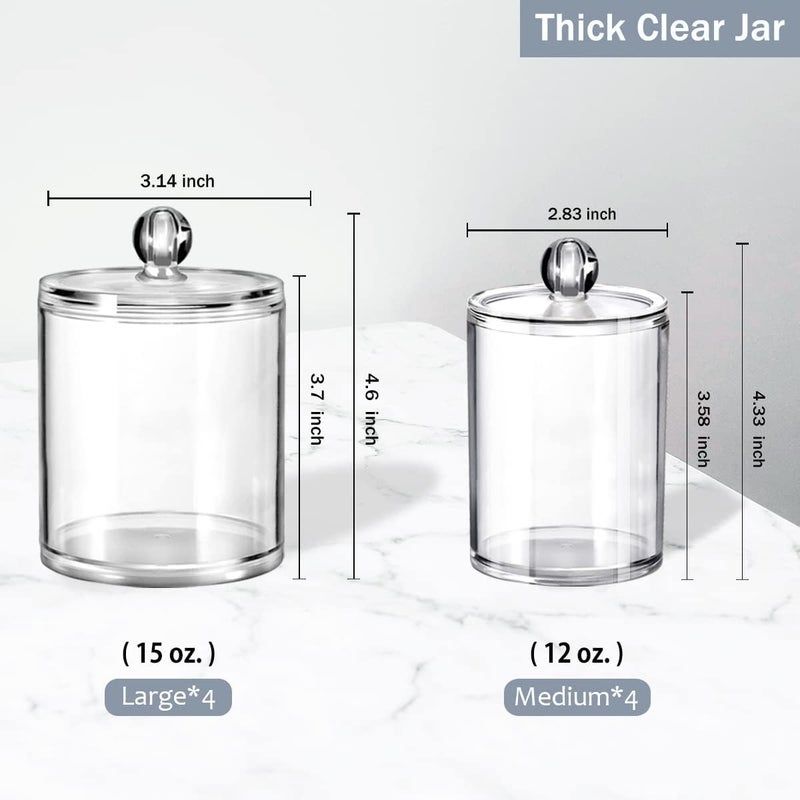 SheeChung 8 Pack Qtip Dispenser Apothecary Jars Bathroom Set with Labels Clear Plastic Qtip Holder Storage Set for Cotton Ball/Swab/Rounds,Floss Picks, Hair Clips，Hair Ties(Clear) - Image 5