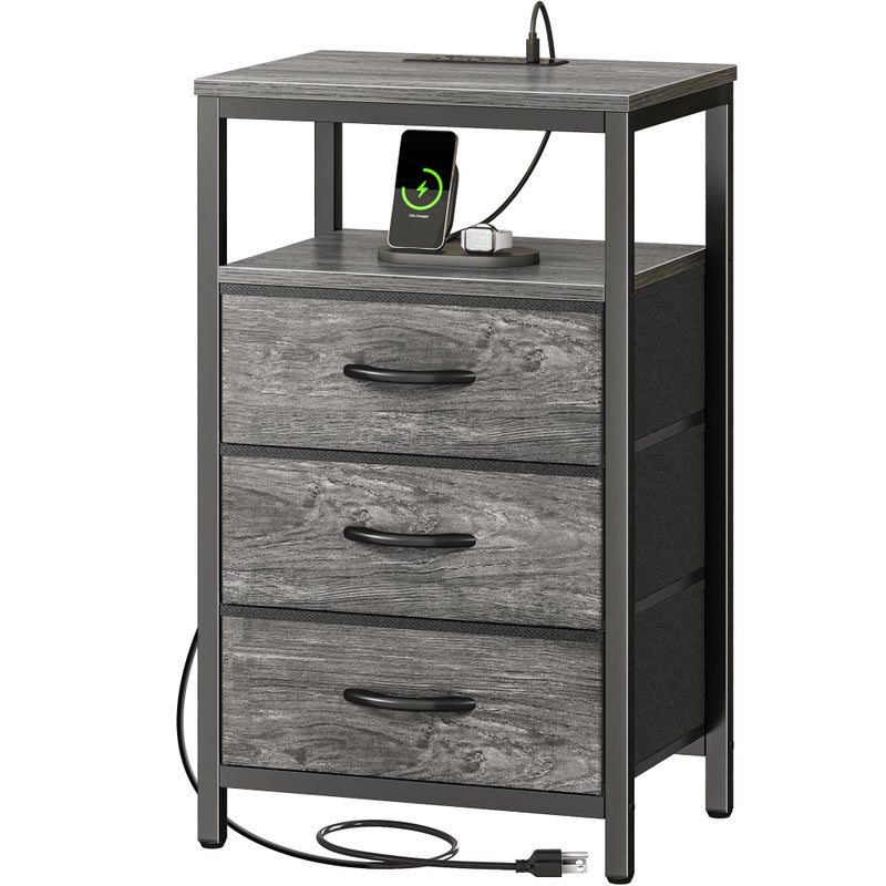 Huuger Nightstand with Charging Station, 27.6 Inch End Table Bedside Table with USB Ports and Outlets, Night Stand for Bedroom, Fabric Drawers, Grey - Image 1