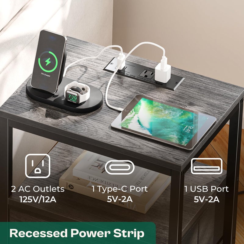Huuger Nightstand with Charging Station, 27.6 Inch End Table Bedside Table with USB Ports and Outlets, Night Stand for Bedroom, Fabric Drawers, Grey - Image 3