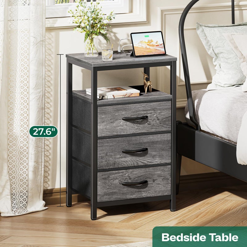Huuger Nightstand with Charging Station, 27.6 Inch End Table Bedside Table with USB Ports and Outlets, Night Stand for Bedroom, Fabric Drawers, Grey - Image 2