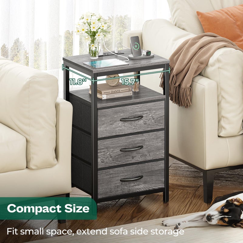 Huuger Nightstand with Charging Station, 27.6 Inch End Table Bedside Table with USB Ports and Outlets, Night Stand for Bedroom, Fabric Drawers, Grey - Image 5