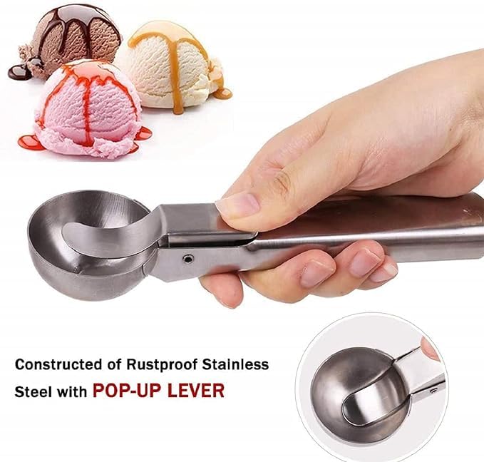 Brunchy Ice Cream Maker - Stainless Steel Easy Trigger Icecream Scoop, Multipurpose Melon Baller, Meatball Spring Scoops, Ice Cream Scoop Stainless Steel for Effortless Serving (Silver) - Image 3