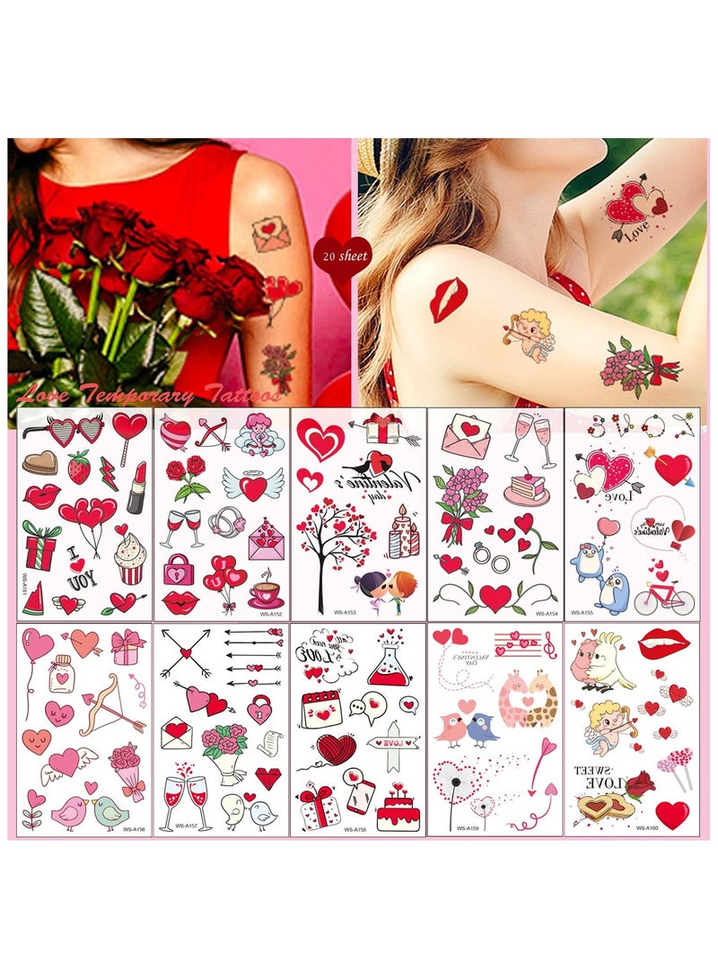ORAINBOW 20 Sheets Valentine Temporary Tattoos Romantic Love Heart Flower Lips Birds Temporary Tattoos Waterproof Valentine's Day Face Tattoo Sticker for Adults Couple Party Supplies - Image 1