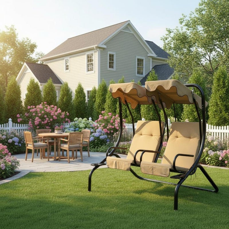 Baity Two-person garden swing with high-quality fabric canopy and metal base - beige - Image 1