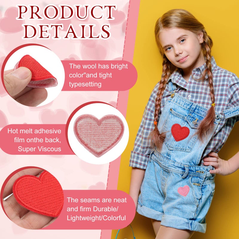 Dilunave 40 Pieces Valentine Iron on Patches Heart Shape Patch Embroidered Applique Red Pink Heart Cute Decorative Patches Assorted Size Sew on Garment Embellishments for DIY Jeans Clothing Hat Bag Decor - Image 2