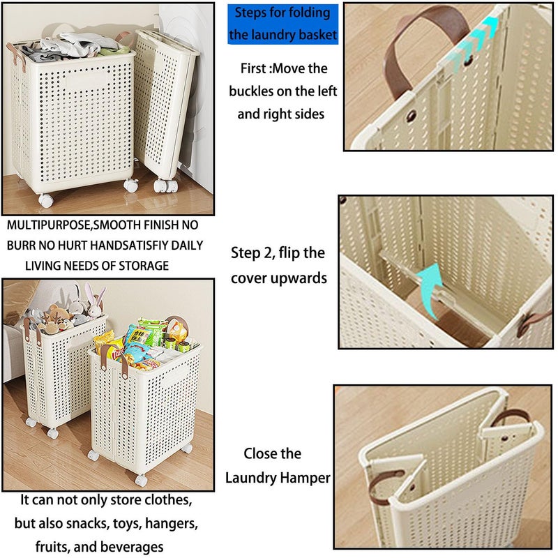 WESAPPINC Collapsible Extral Large Laundry Hamper, Plastic Laundry Basket with Wheels,Suitable for Bathroom, Bedroom, Dorm Room & Laundry Room,Basket with Handle (White) - Image 5