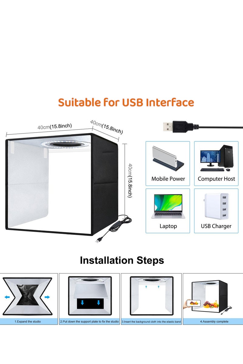 40cm/15.8 Inch Professional Photo Studio Light Box, Portable Foldable Light Box Photography,Tri-Color Dimmable Photo Box Kit with 160 LED Lights  6 Backdrops (12 Colors) for Product Photography - Image 2