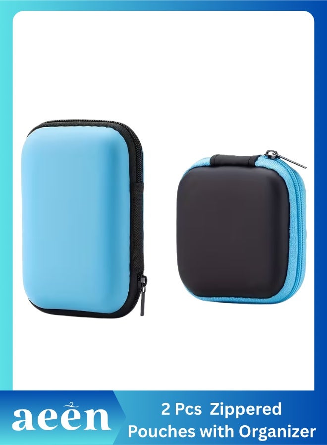 aeen 2PCS Blue EVA Zippered Organizer Pouches with Compartments – Portable Travel Storage Case for Earphones, Chargers, Cables, Keys, Coins & Jewelry - Image 1