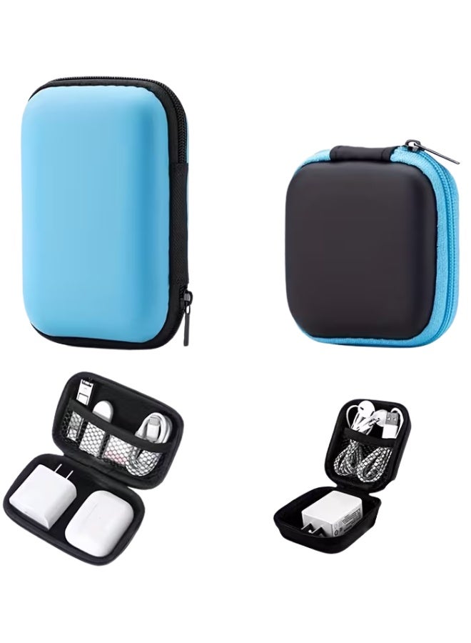 aeen 2PCS Blue EVA Zippered Organizer Pouches with Compartments – Portable Travel Storage Case for Earphones, Chargers, Cables, Keys, Coins & Jewelry - Image 2