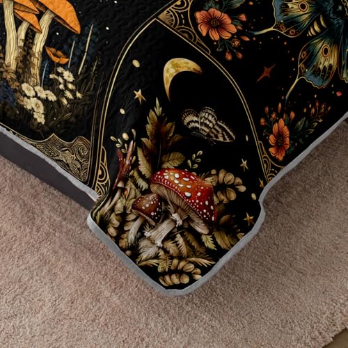 HOSIMA Bohemia Queen Quilt,Lightweight Mushrooms Flowers Pattern Summer Bedding,Butterfly Print Plaid Patchwork Sun and Moon Boho Floral Bedding for Adult Room Decor with 2 Pillowcases. - Image 4