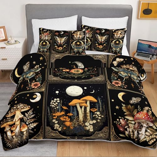 HOSIMA Bohemia Queen Quilt,Lightweight Mushrooms Flowers Pattern Summer Bedding,Butterfly Print Plaid Patchwork Sun and Moon Boho Floral Bedding for Adult Room Decor with 2 Pillowcases. - Image 3