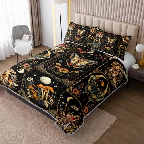 HOSIMA Bohemia Queen Quilt,Lightweight Mushrooms Flowers Pattern Summer Bedding,Butterfly Print Plaid Patchwork Sun and Moon Boho Floral Bedding for Adult Room Decor with 2 Pillowcases. - Image 2