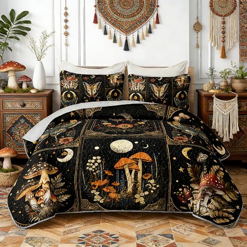 HOSIMA Bohemia Queen Quilt,Lightweight Mushrooms Flowers Pattern Summer Bedding,Butterfly Print Plaid Patchwork Sun and Moon Boho Floral Bedding for Adult Room Decor with 2 Pillowcases. - Image 1