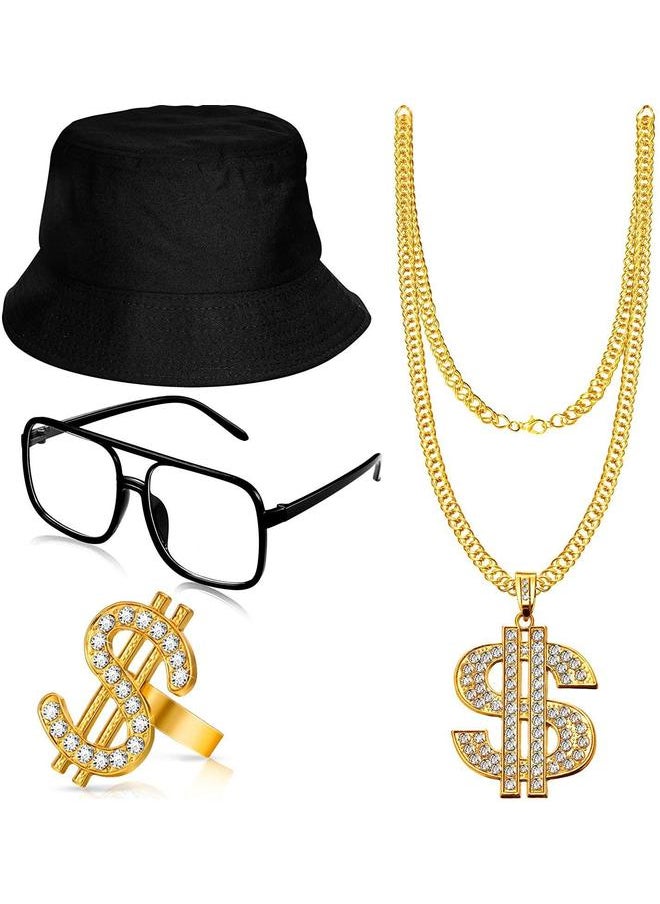 yongsheng Hip Hop Costume Kit 80s/90s Rapper Accessories Bucket Hat Sunglasses Gold Chain Ring Outfit for Men Women  - Image 1