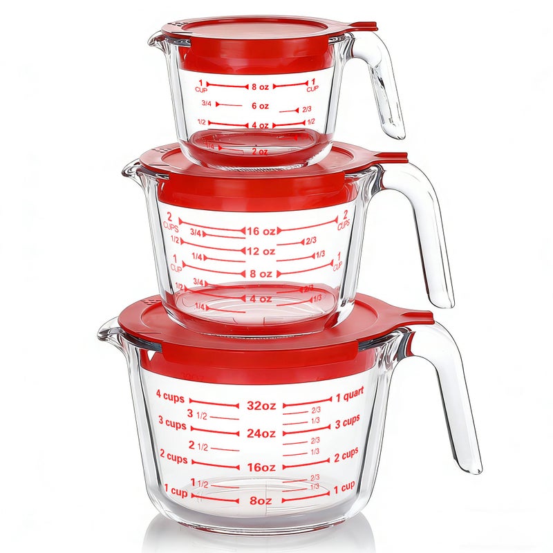 M MCIRCO 6 Pcs Glass Measuring Cups with Lids Set, 1-Cup, 2-Cup, 4-Cup Measuring Jugs with Handle, Nesting Liquid Measuring Cups for Kitchen - Image 1