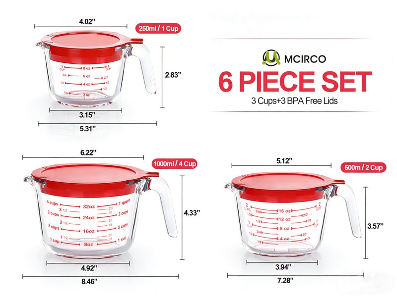 M MCIRCO 6 Pcs Glass Measuring Cups with Lids Set, 1-Cup, 2-Cup, 4-Cup Measuring Jugs with Handle, Nesting Liquid Measuring Cups for Kitchen - Image 2