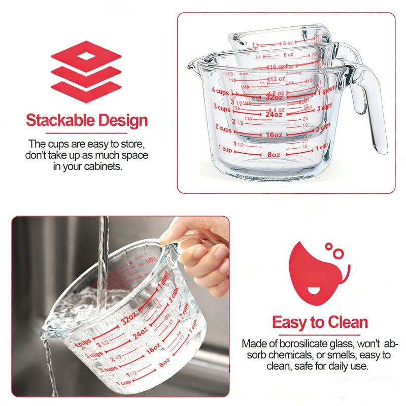 M MCIRCO 6 Pcs Glass Measuring Cups with Lids Set, 1-Cup, 2-Cup, 4-Cup Measuring Jugs with Handle, Nesting Liquid Measuring Cups for Kitchen - Image 4