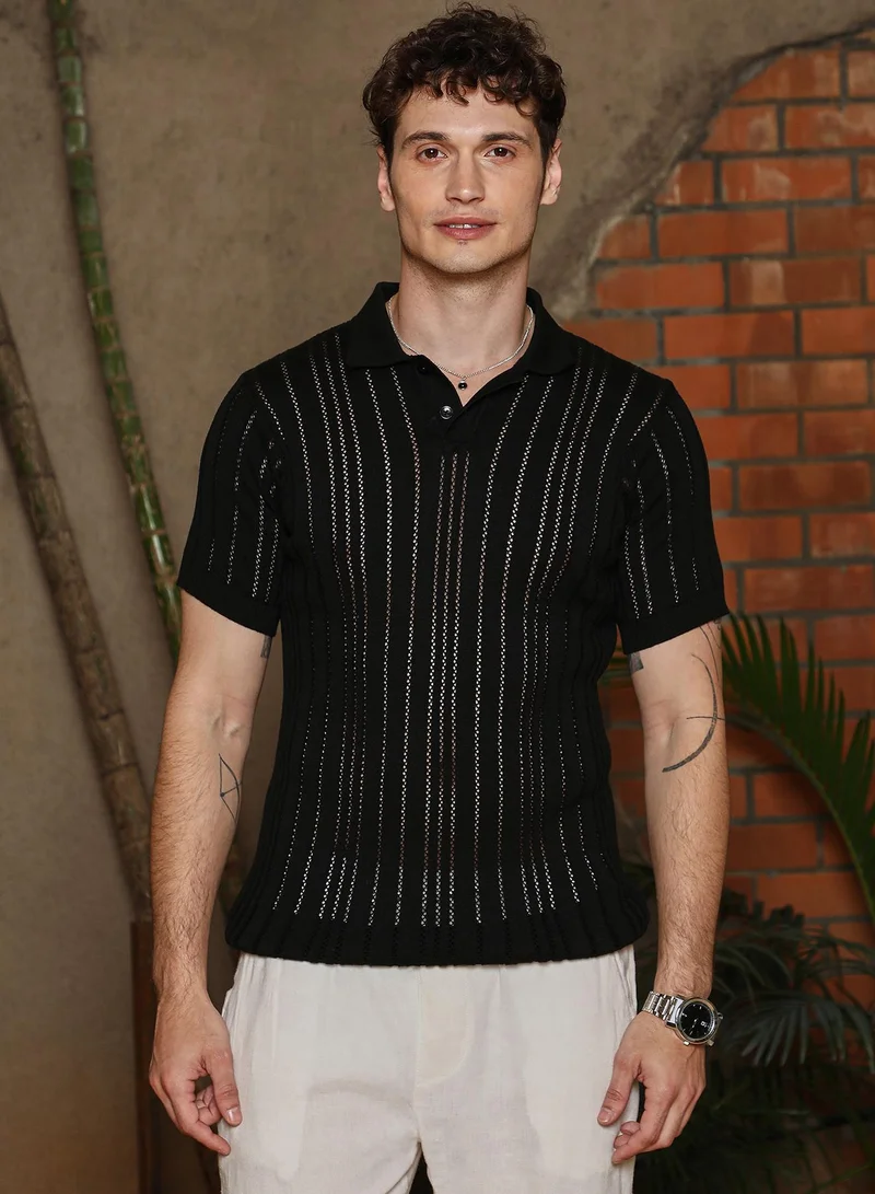 كامبوس سوترا تيشيرت بولو رجالي أسود مخطط بنسيج أوبسيديان