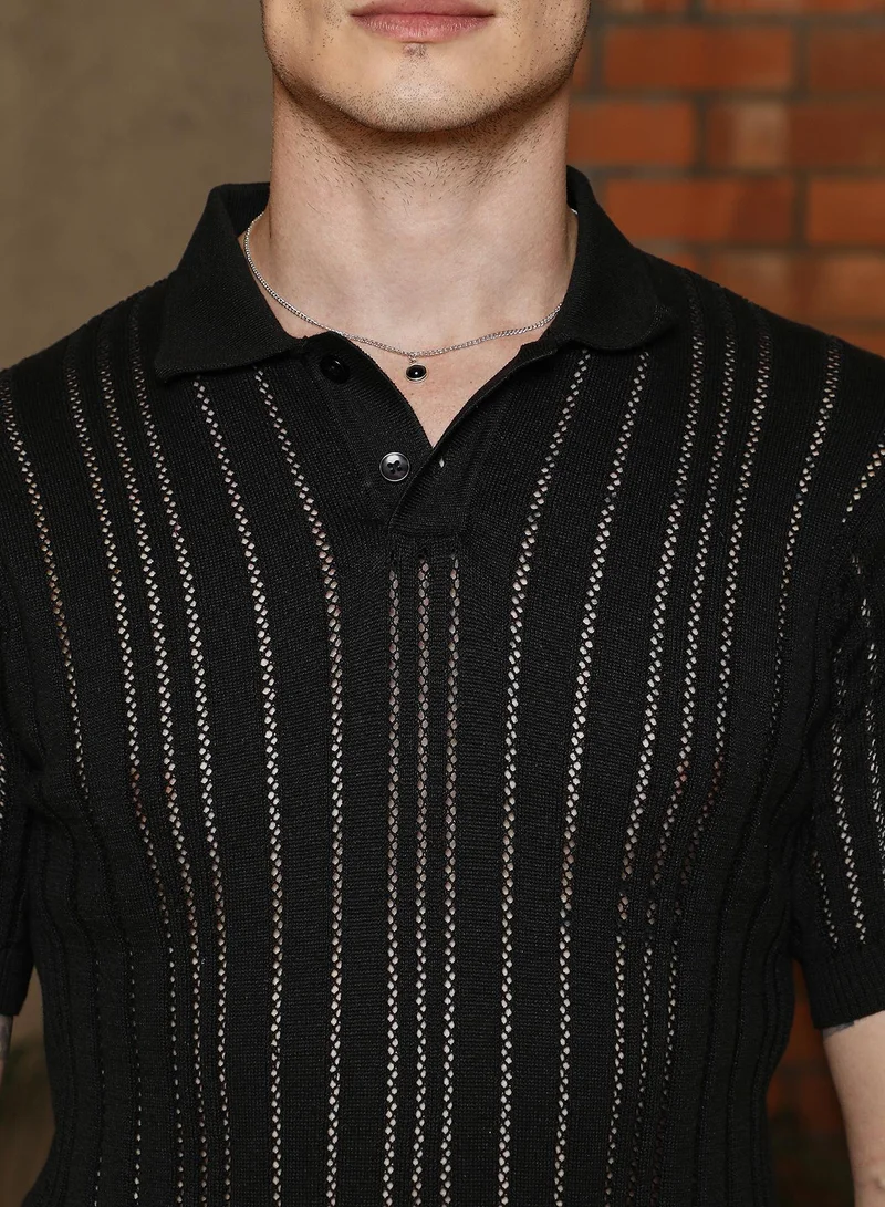 CAHOOT  Men's Obsidian Black Stripe-Textured Polo T-Shirt for Men | Best Price UAE