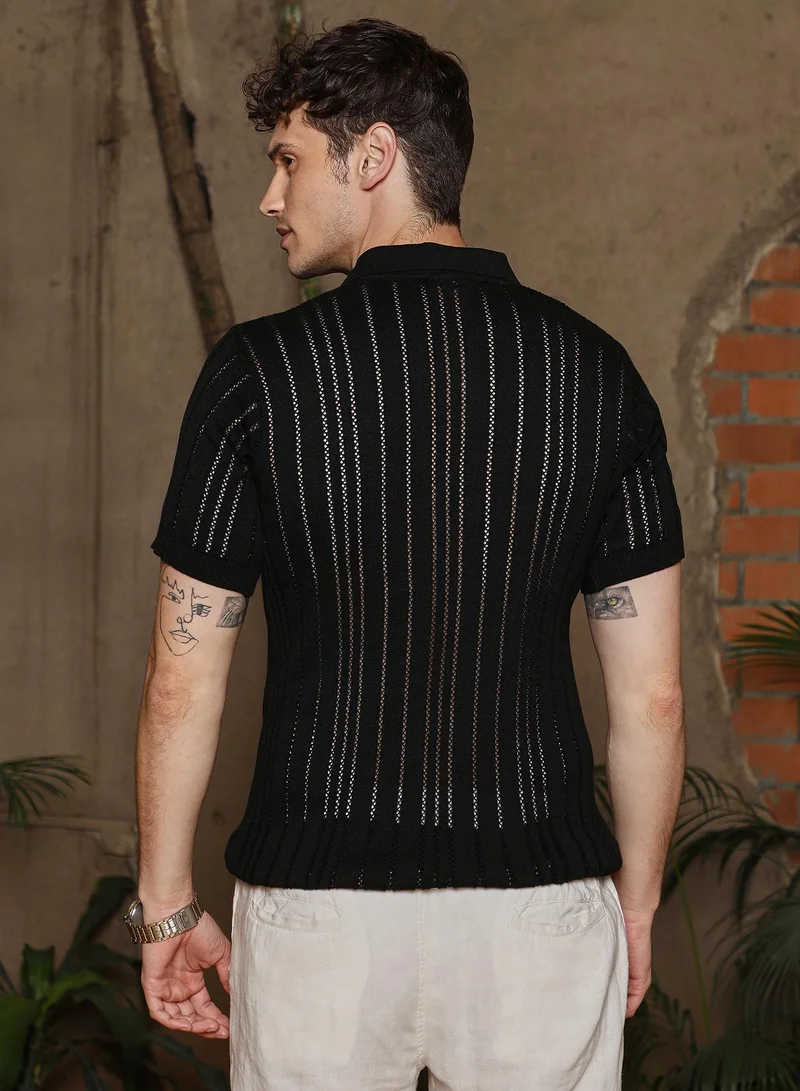 CAHOOT  Men's Obsidian Black Stripe-Textured Polo T-Shirt for Men | Best Price UAE