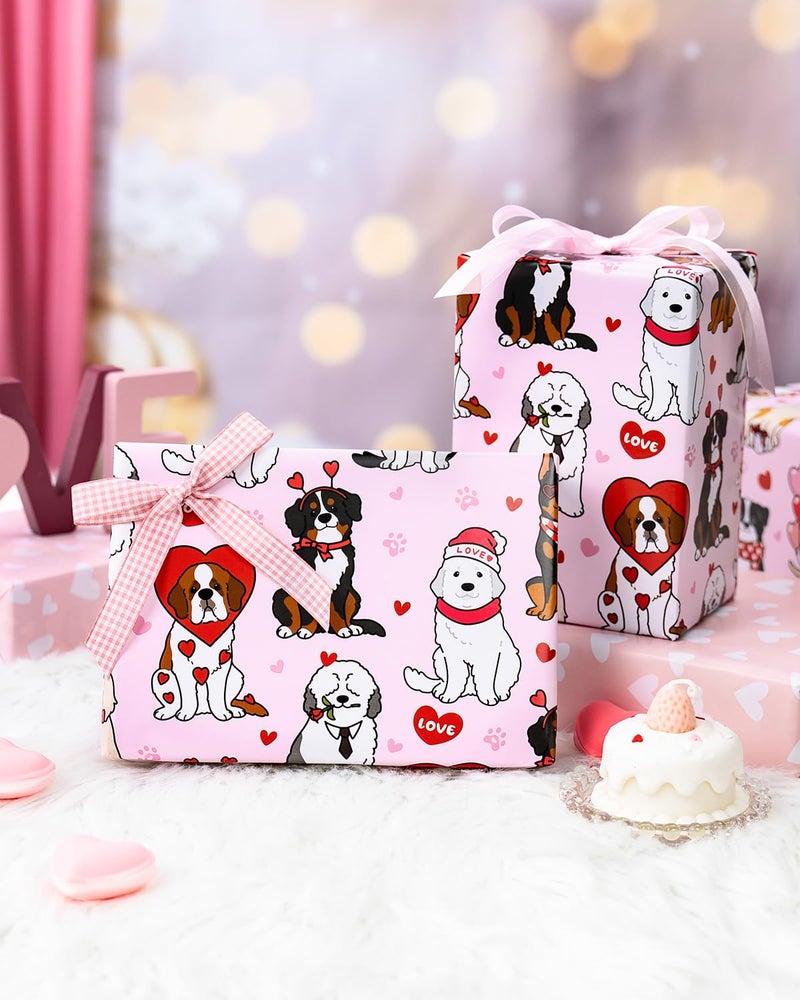 Flyhill Valentineâ€™s Puppy Love Wrapping Paper Roll, Pink Dog Pattern & White Hearts Reversible Gift Wrap for Valentineâ€™s Day, Anniversary, Baby Shower,Pet Lovers (17 Inch X 33 Feet) - Image 3