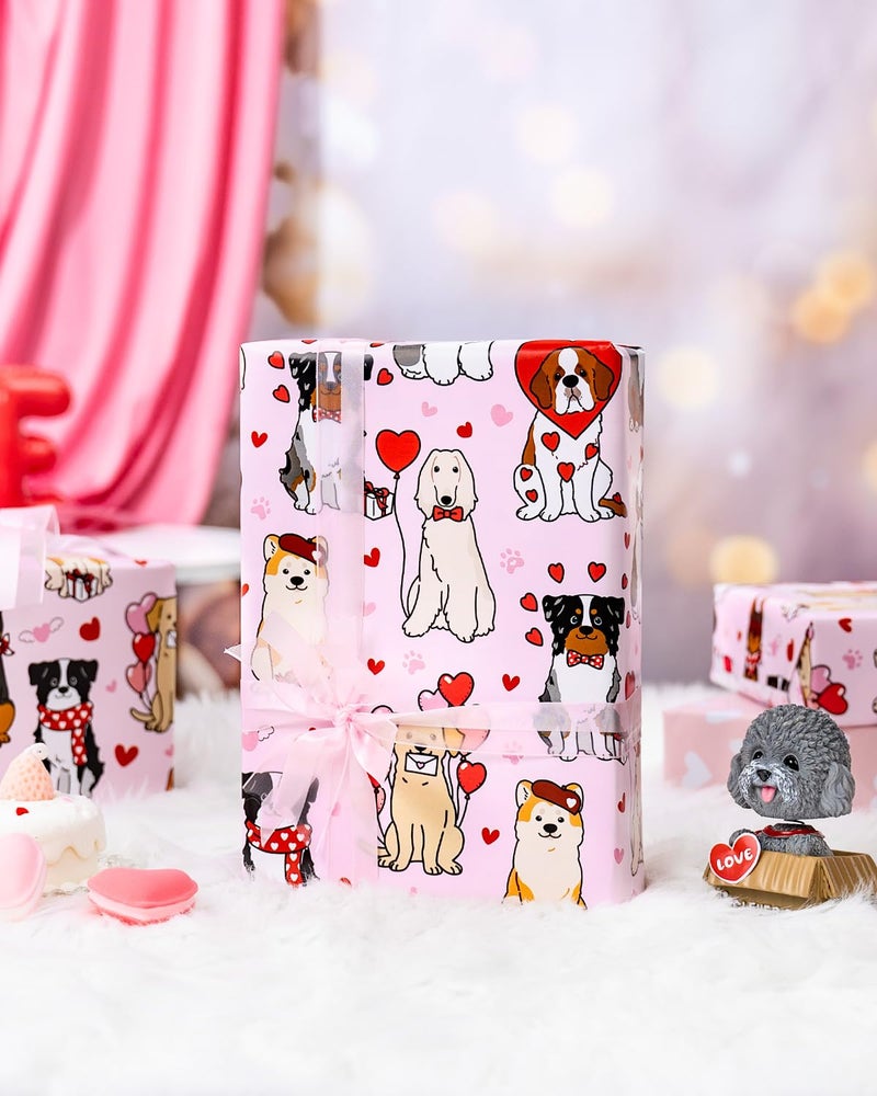 Flyhill Valentineâ€™s Puppy Love Wrapping Paper Roll, Pink Dog Pattern & White Hearts Reversible Gift Wrap for Valentineâ€™s Day, Anniversary, Baby Shower,Pet Lovers (17 Inch X 33 Feet) - Image 4