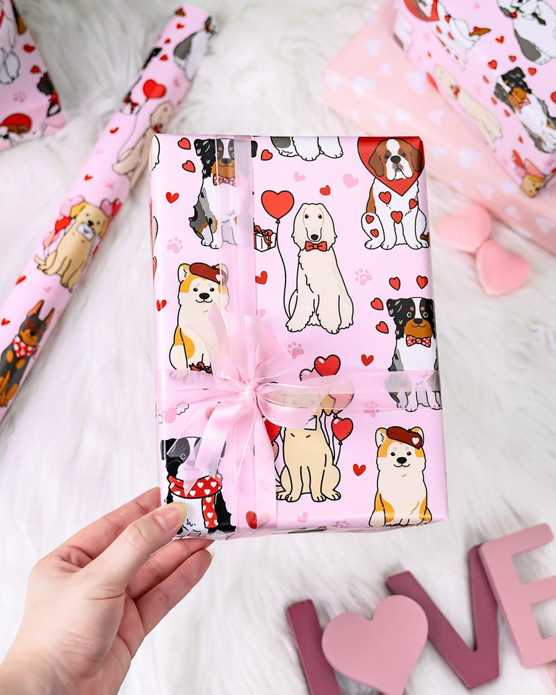 Flyhill Valentineâ€™s Puppy Love Wrapping Paper Roll, Pink Dog Pattern & White Hearts Reversible Gift Wrap for Valentineâ€™s Day, Anniversary, Baby Shower,Pet Lovers (17 Inch X 33 Feet) - Image 5