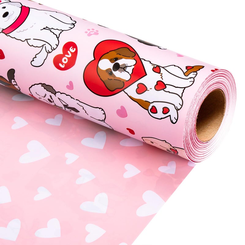 Flyhill Valentineâ€™s Puppy Love Wrapping Paper Roll, Pink Dog Pattern & White Hearts Reversible Gift Wrap for Valentineâ€™s Day, Anniversary, Baby Shower,Pet Lovers (17 Inch X 33 Feet) - Image 2
