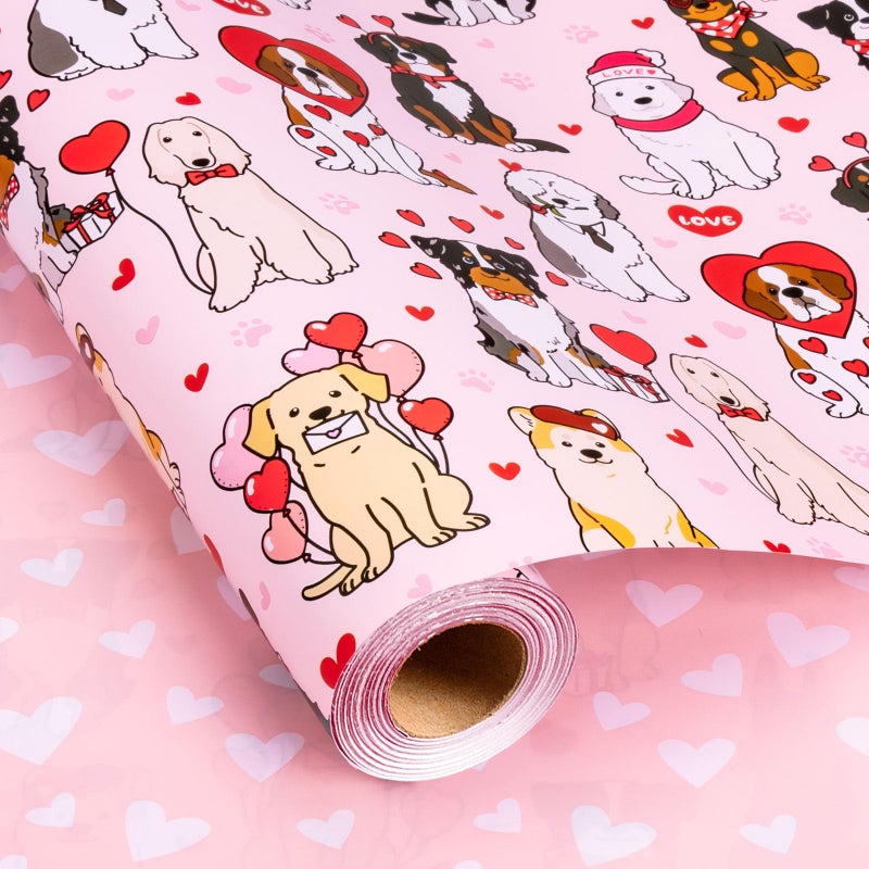 Flyhill Valentineâ€™s Puppy Love Wrapping Paper Roll, Pink Dog Pattern & White Hearts Reversible Gift Wrap for Valentineâ€™s Day, Anniversary, Baby Shower,Pet Lovers (17 Inch X 33 Feet) - Image 1