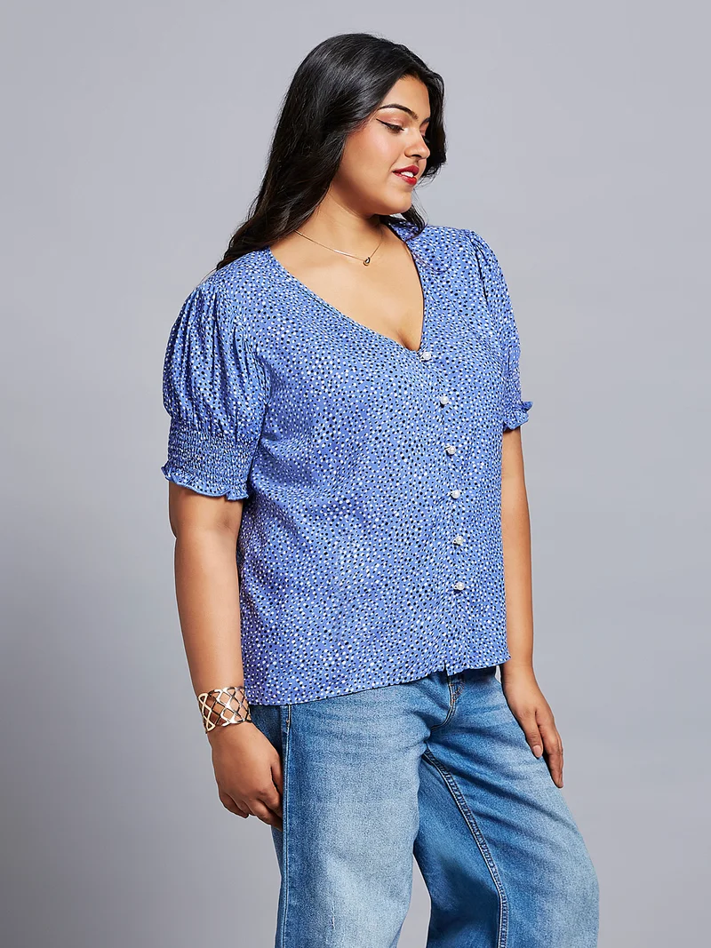 globus Globus Gloplus Women Abstract Print V-Neck Puff Sleeves Plus Size Workwear Top