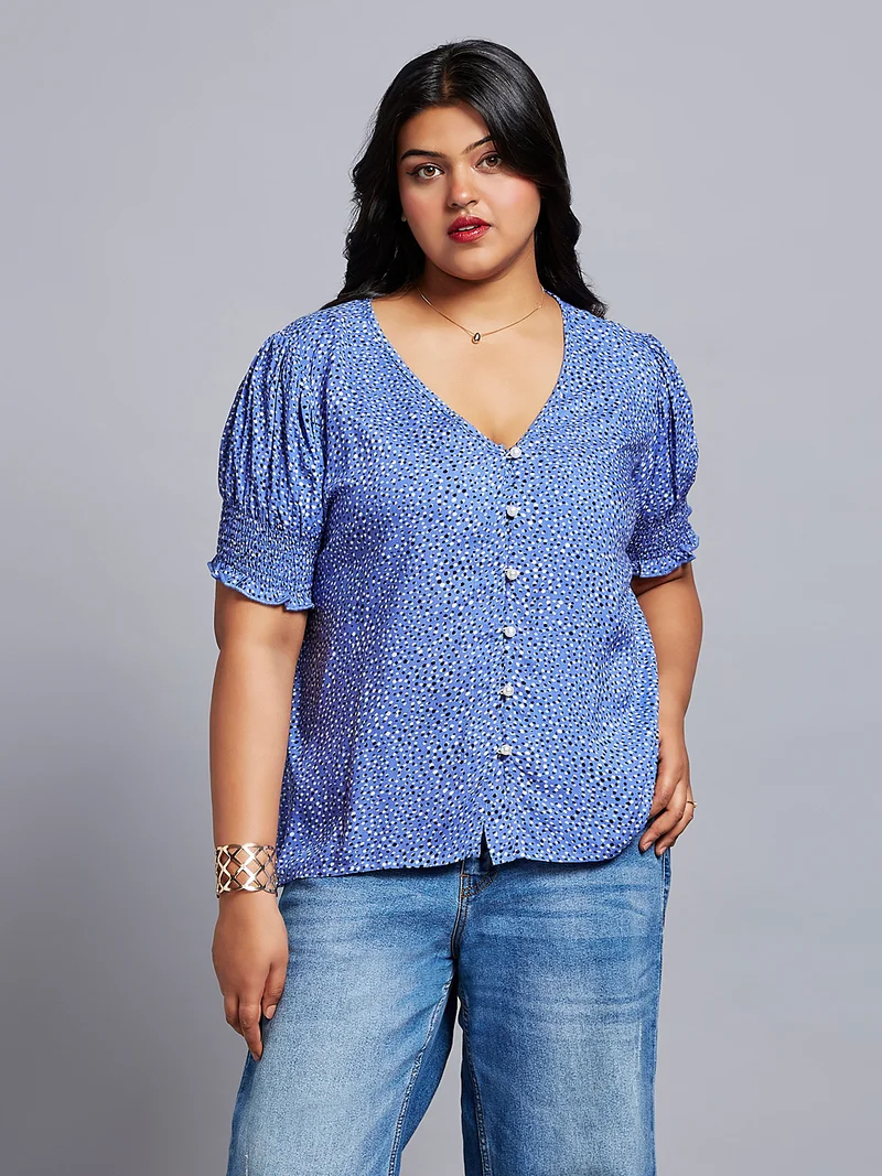 globus Globus Gloplus Women Abstract Print V-Neck Puff Sleeves Plus Size Workwear Top