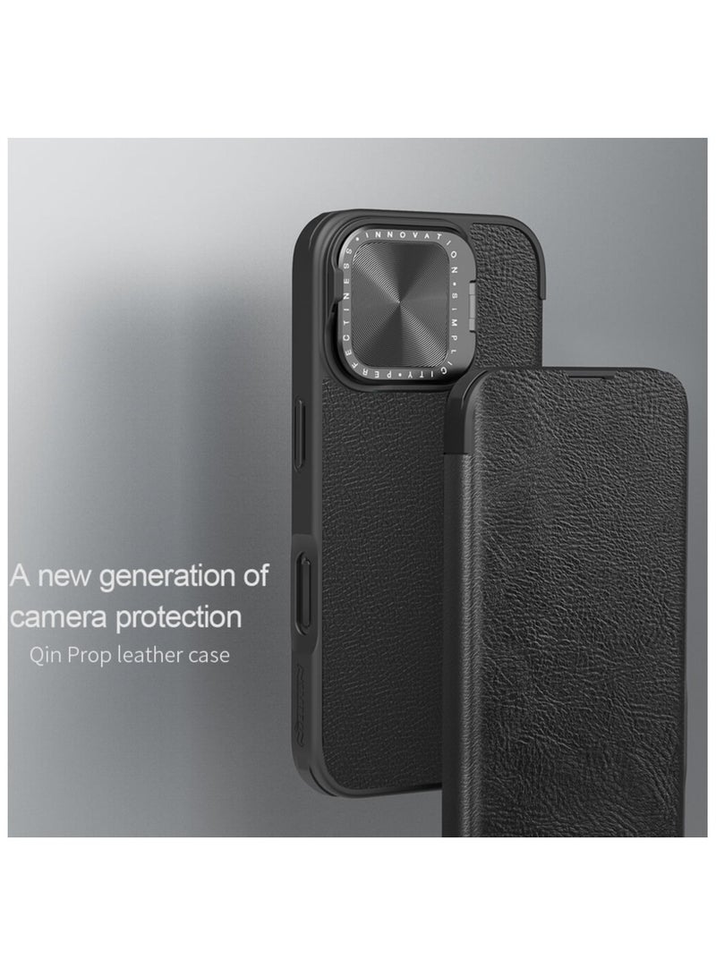 Nillkin Qin Premium Leather Case for iPhone 16 – Versatile Camera Cover  Stand, Stylish Protection (Black) - Image 5